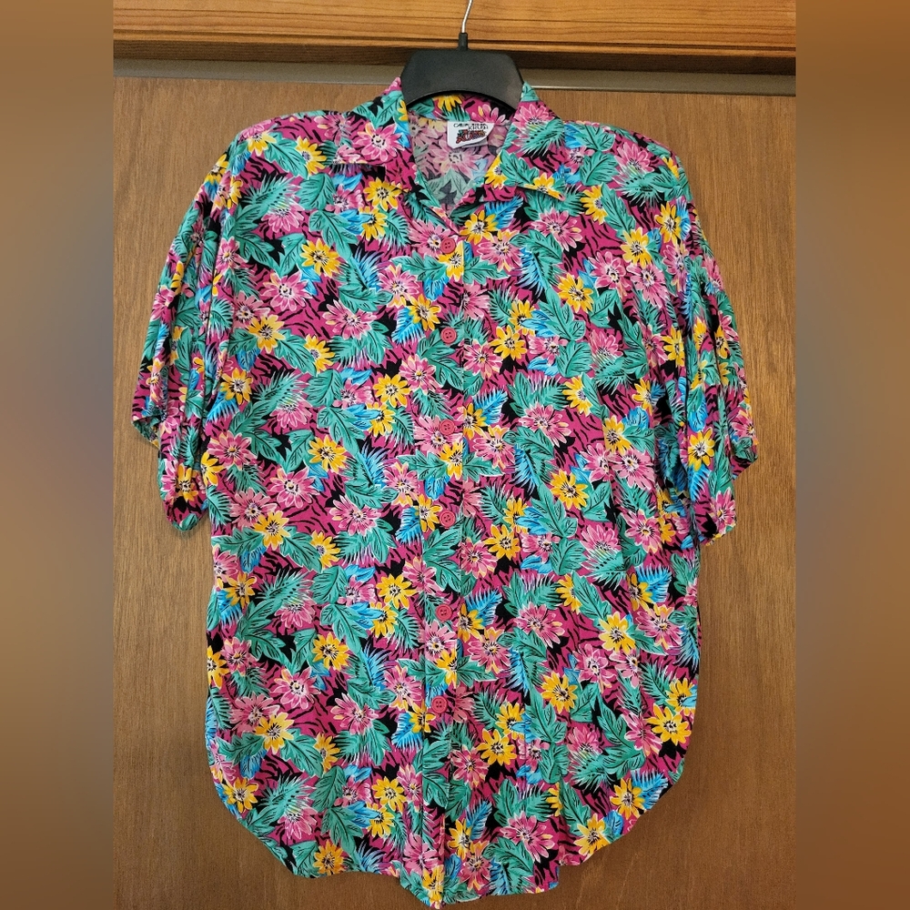 Pink and Green Floral Button Down Shirt, Ladies S
